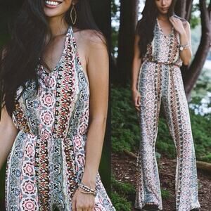 RAGA Mixed Print Halter Backless Jumpsuit Size Small Urban Outfitters